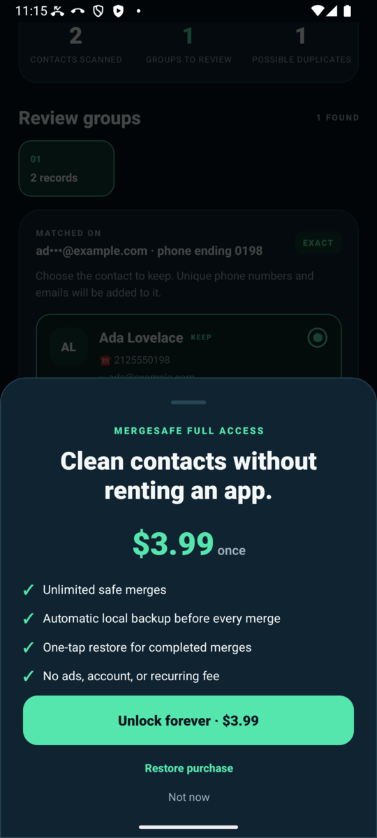 Unlock screen showing the one-time purchase