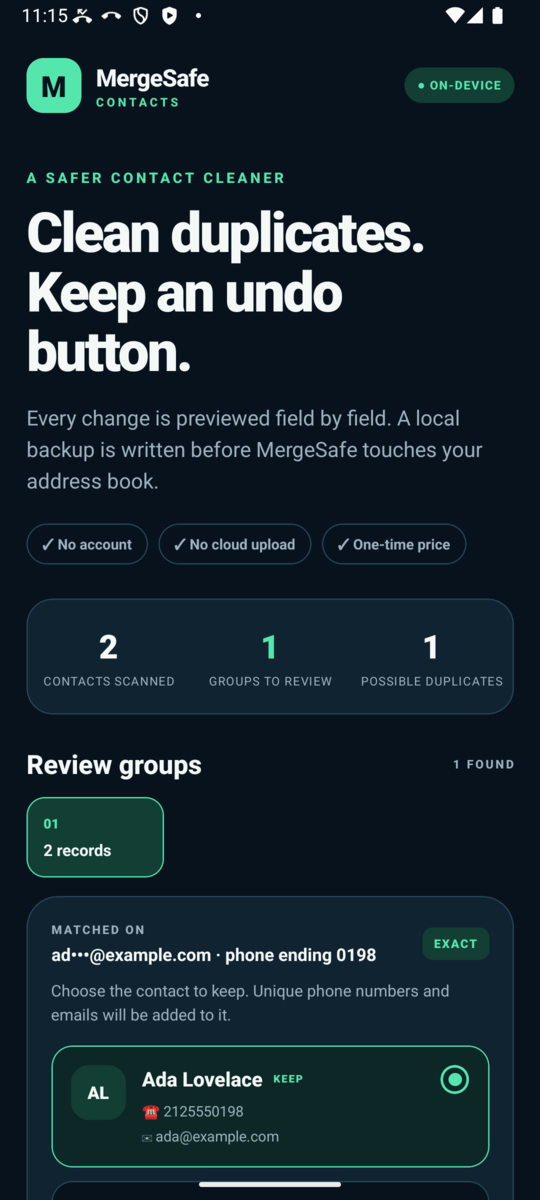 MergeSafe review screen showing a matched duplicate group and the contact chosen to keep